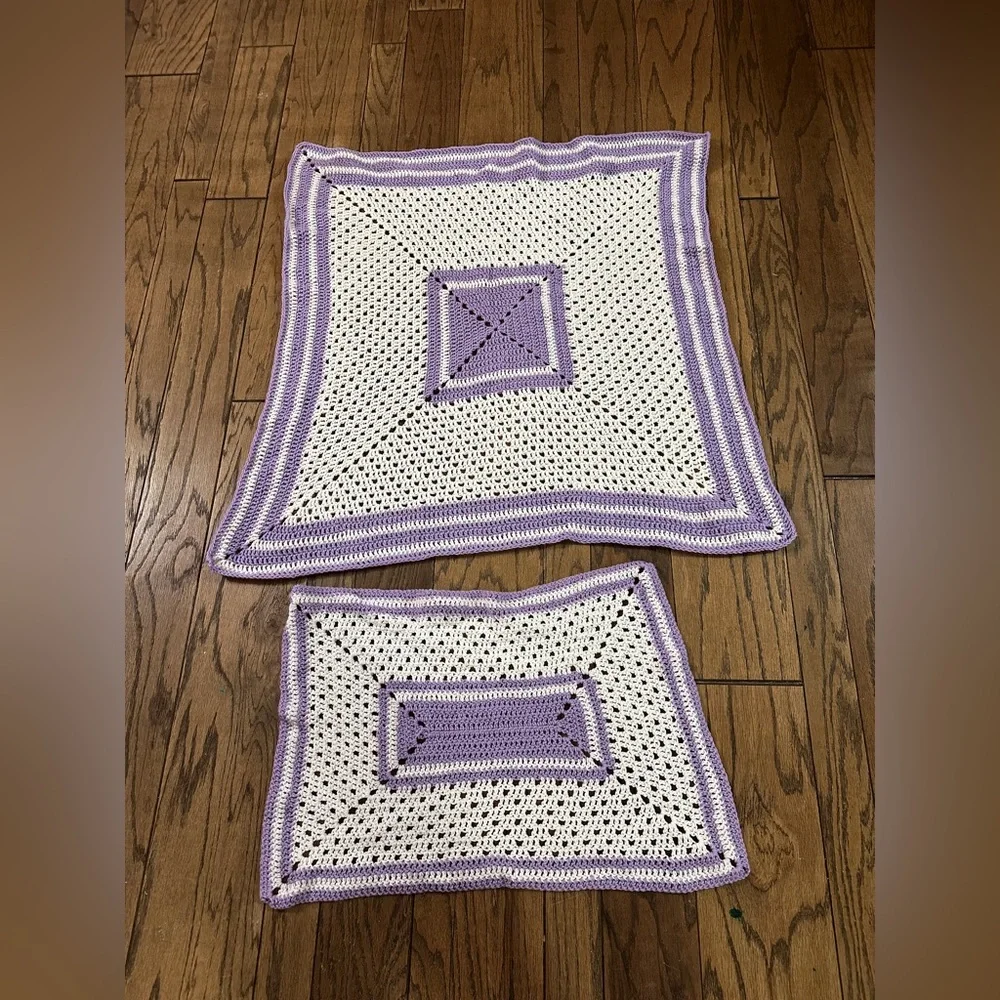 Handmade Crochet Baby Blanket Pair Purple and White